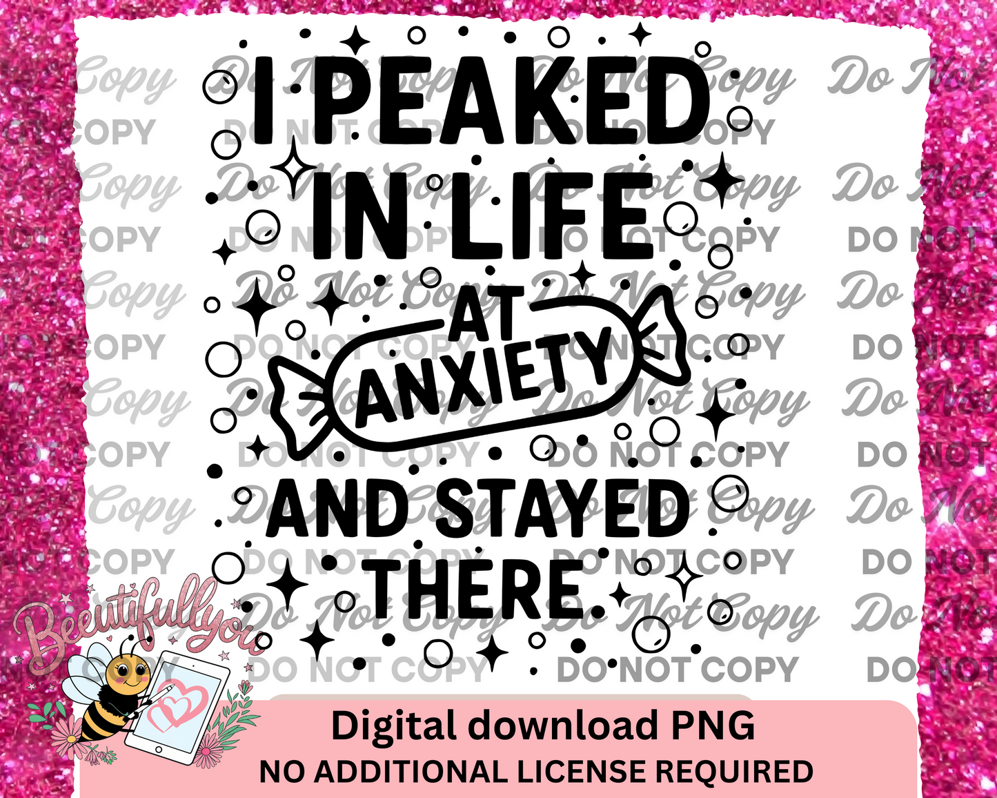 I Peaked at Anxiety PNG – Funny Mental Health Quote Design (Black & White PNG + Editable Canva Frame)