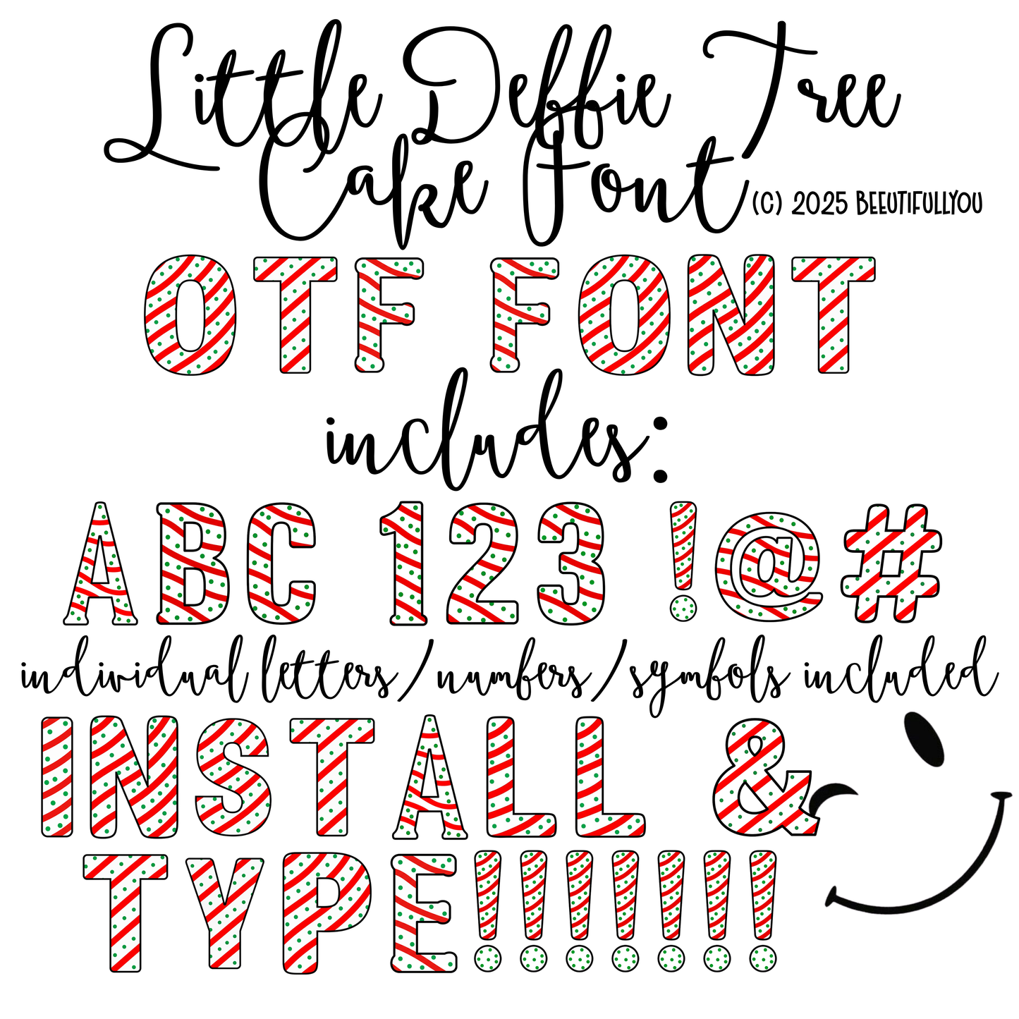 Little Debbie Tree Cake Font | OTF Installable Font + PNG Letters | Candy Stripe Christmas Font for Holiday Designs