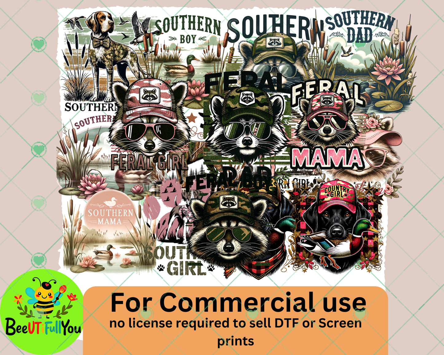 Southern and Feral PNG Sublimation Bundle β Country Mama, Raccoon, Hunting Dog & Outdoors Themed Designs for DTF, DIY & Small Business Use