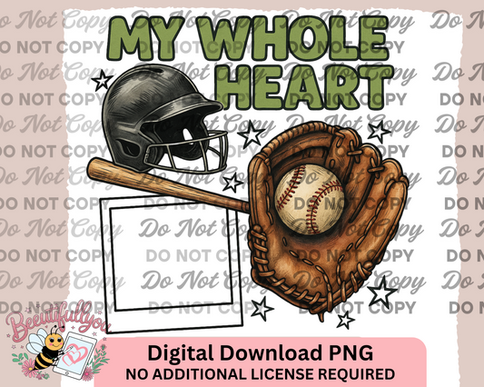 My Whole Heart PNG Set β Baseball & Cheer Design with Photo Frame | 2 Matching Sports-Themed PNGs | Commercial Use