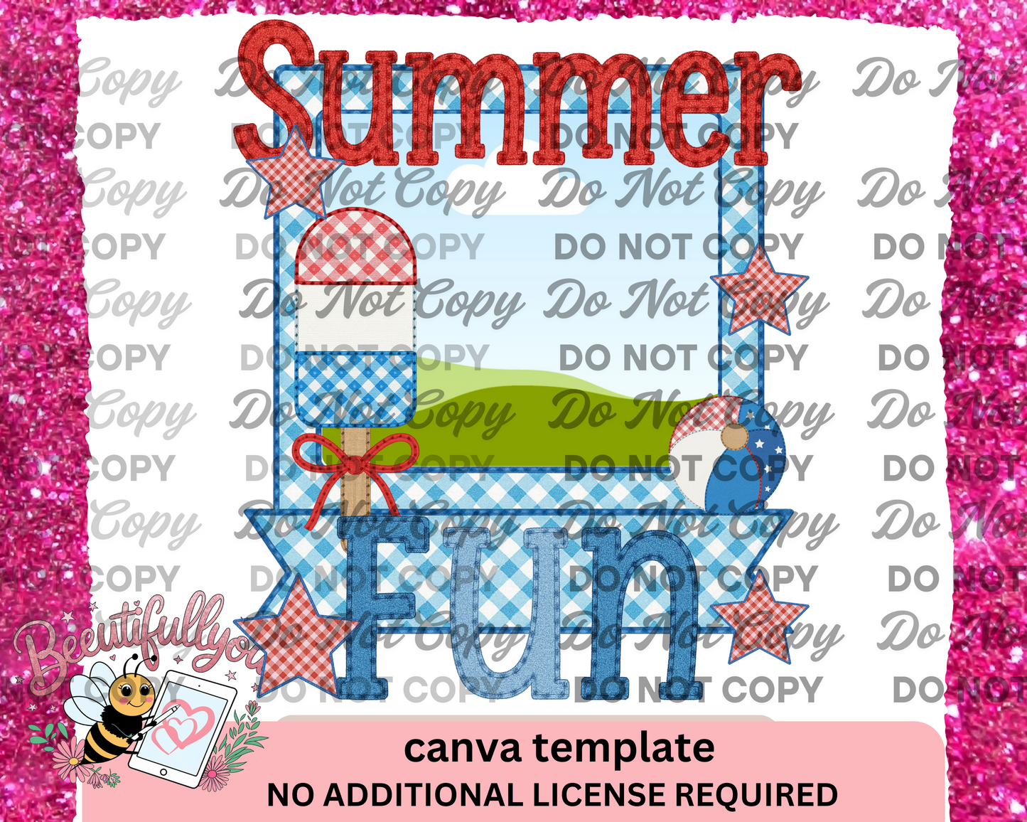 4th of July Summer Frame Canva Template – Editable Patriotic Photo Frame Bundle for Sublimation, Popsicle Beach Ball Star Template