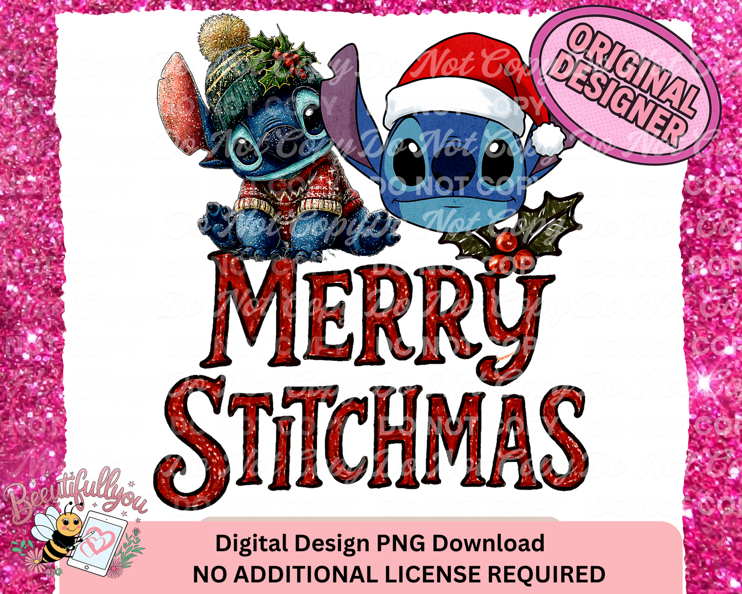 Merry Stitchmas Digital Design | Christmas PNG Download | Cute Holiday character in Santa Hat