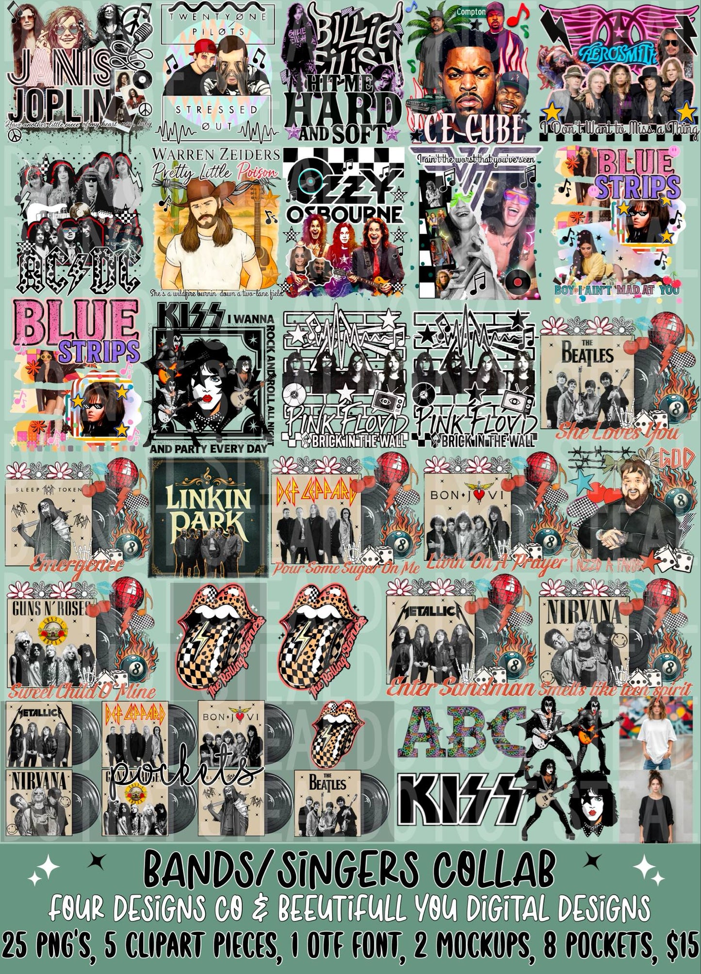 Bands & Singers Collab Bundle | 25 PNGs + Bonus Graphics | BeeUTiFullYou x Four Designs Co