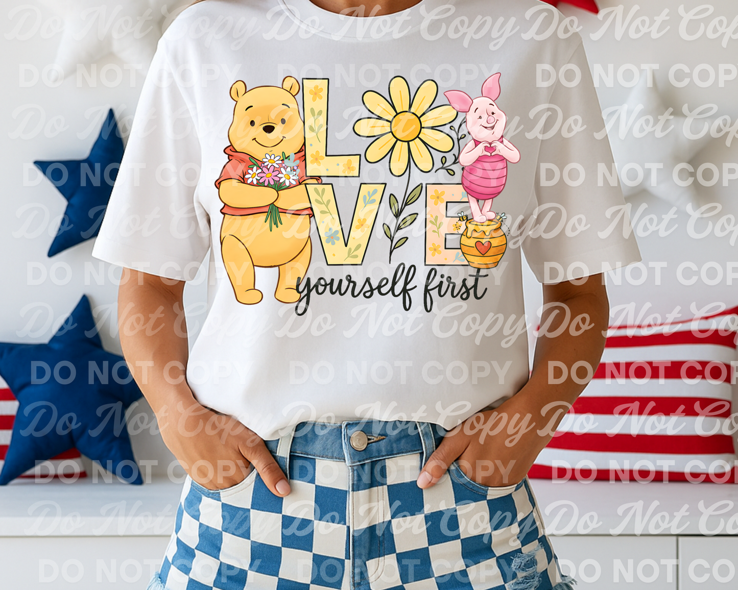 Love Yourself First PNG – Pooh and Piglet Digital Download with Floral Lettering