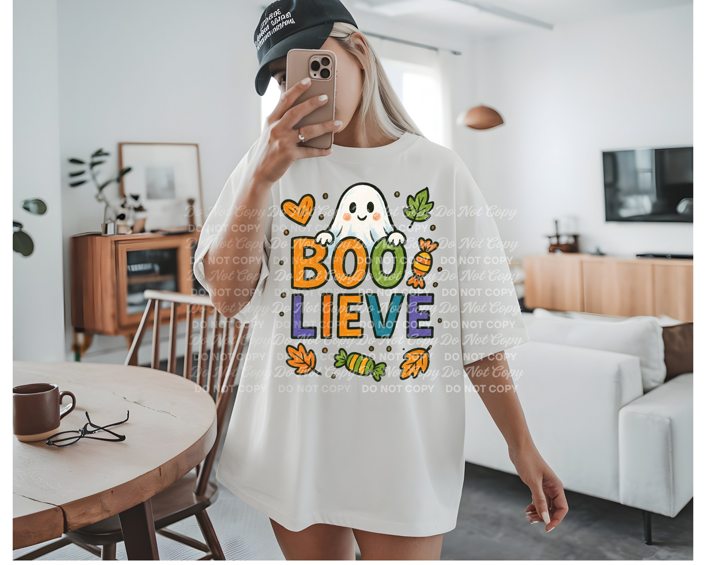 BOO-Lieve PNG | Cute Halloween Ghost with Candy Fall Leaves Digital Download