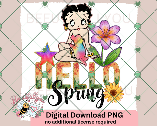 Hello Spring Betty Boop PNG | Seasonal Floral Sublimation Digital Design