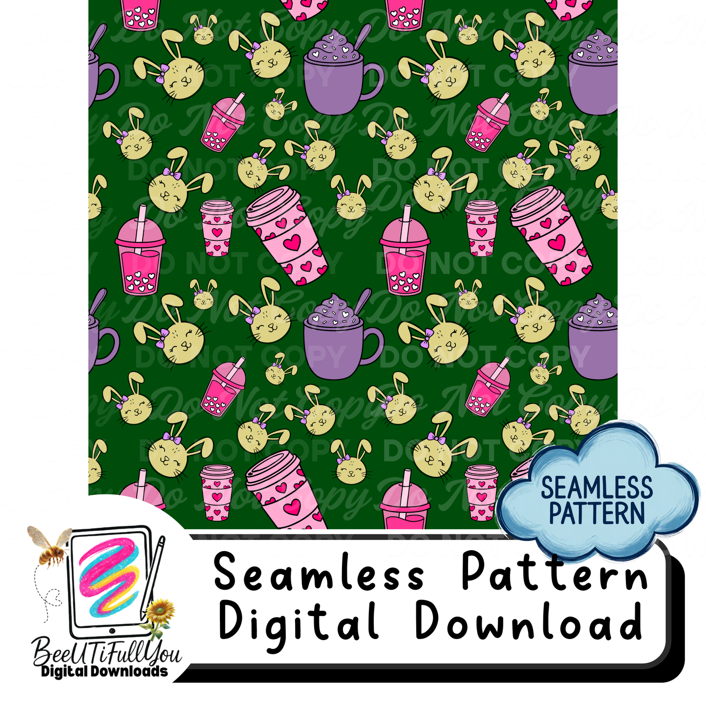 Bunny Coffee Seamless Pattern | Cute Easter Drink seamless | Pink & Green Repeat Design | Digital Download