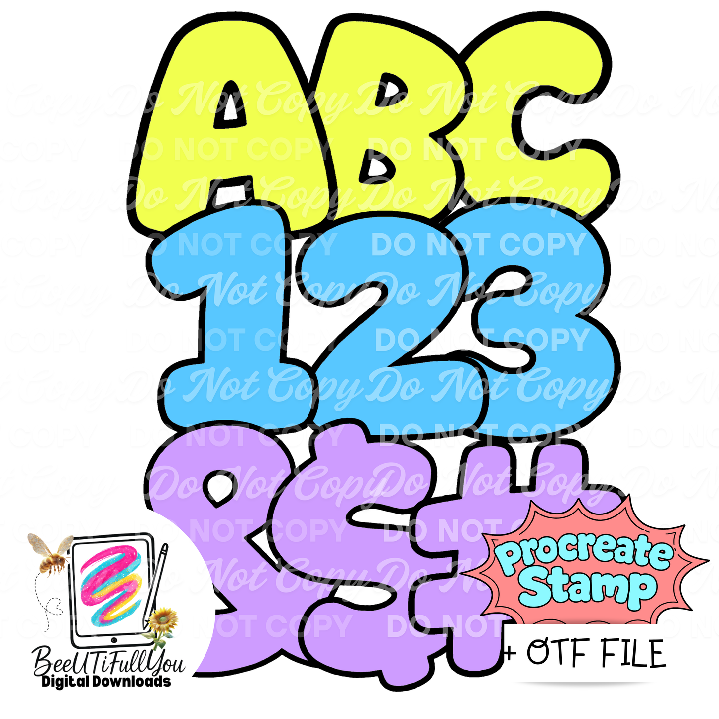 ABC 123 Set | Bubbly Bubble Font Outline | Procreate Stamp + OTF File | Commercial Use Allowed