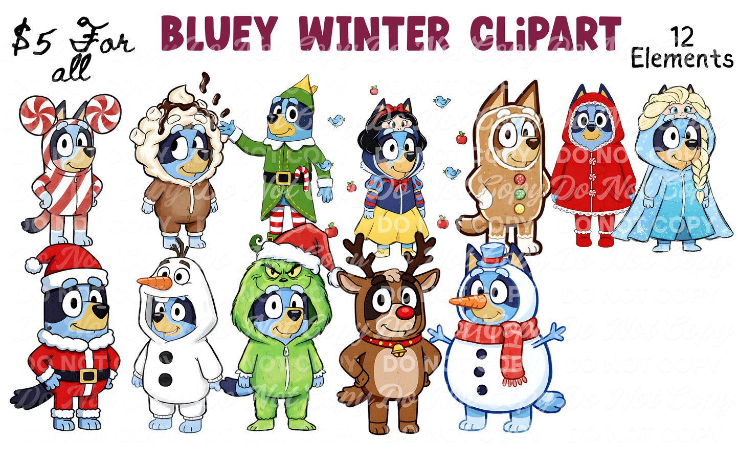 Winter Clipart Bundle | 12 PNG Elements | Christmas & Holiday Outfits | Cute Cartoon Dog Clipart for Shirts & Designs