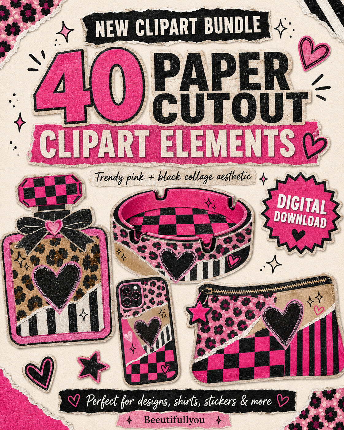 40 Paper Cutout Clipart Bundle PNG | Pink & Black Collage Clipart Elements | Scrapbook Style Digital Download | Junk Journal Graphics