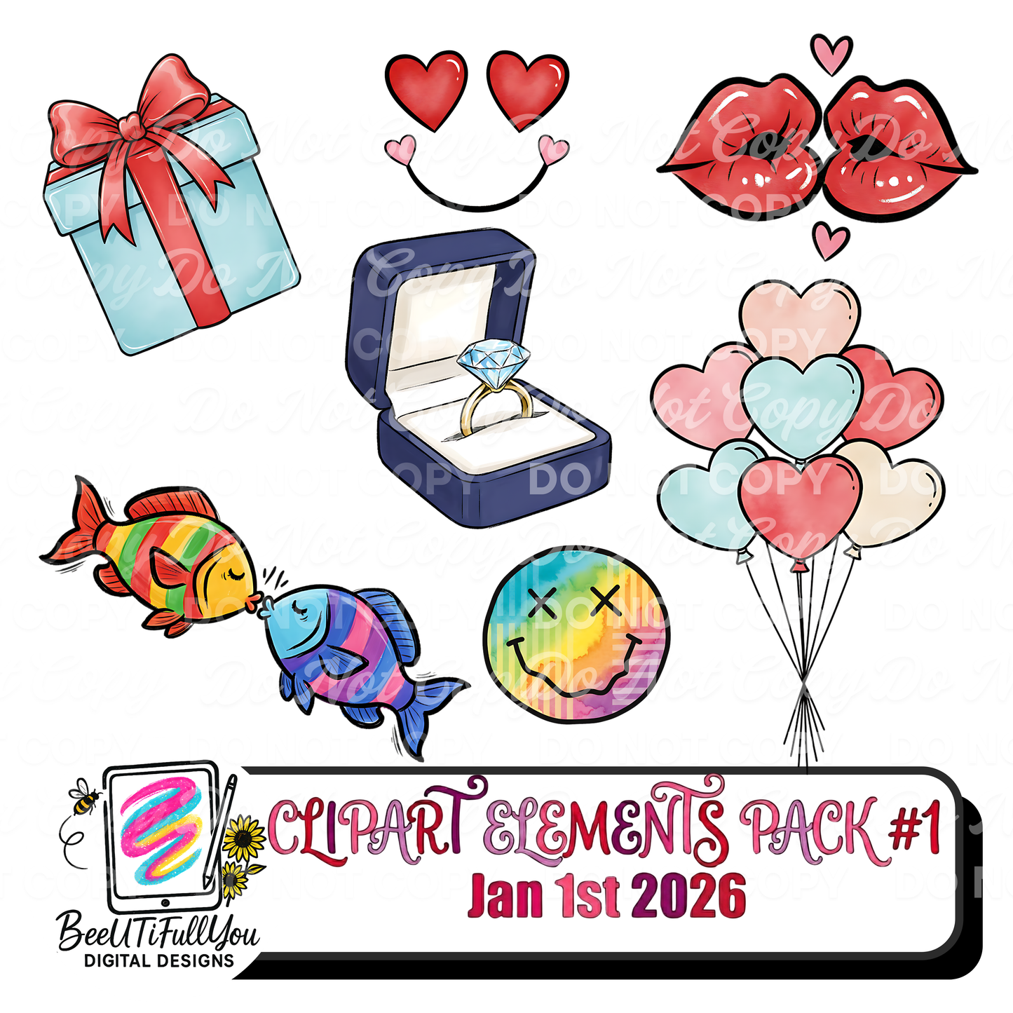 Valentine Clipart Elements Pack | 7-Piece PNG Clipart | Commercial Use Included