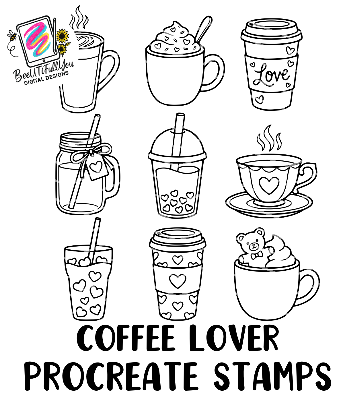 Coffee Lover Procreate Stamps | Cute Coffee Cup Stamp Set | Procreate Brushes for iPad