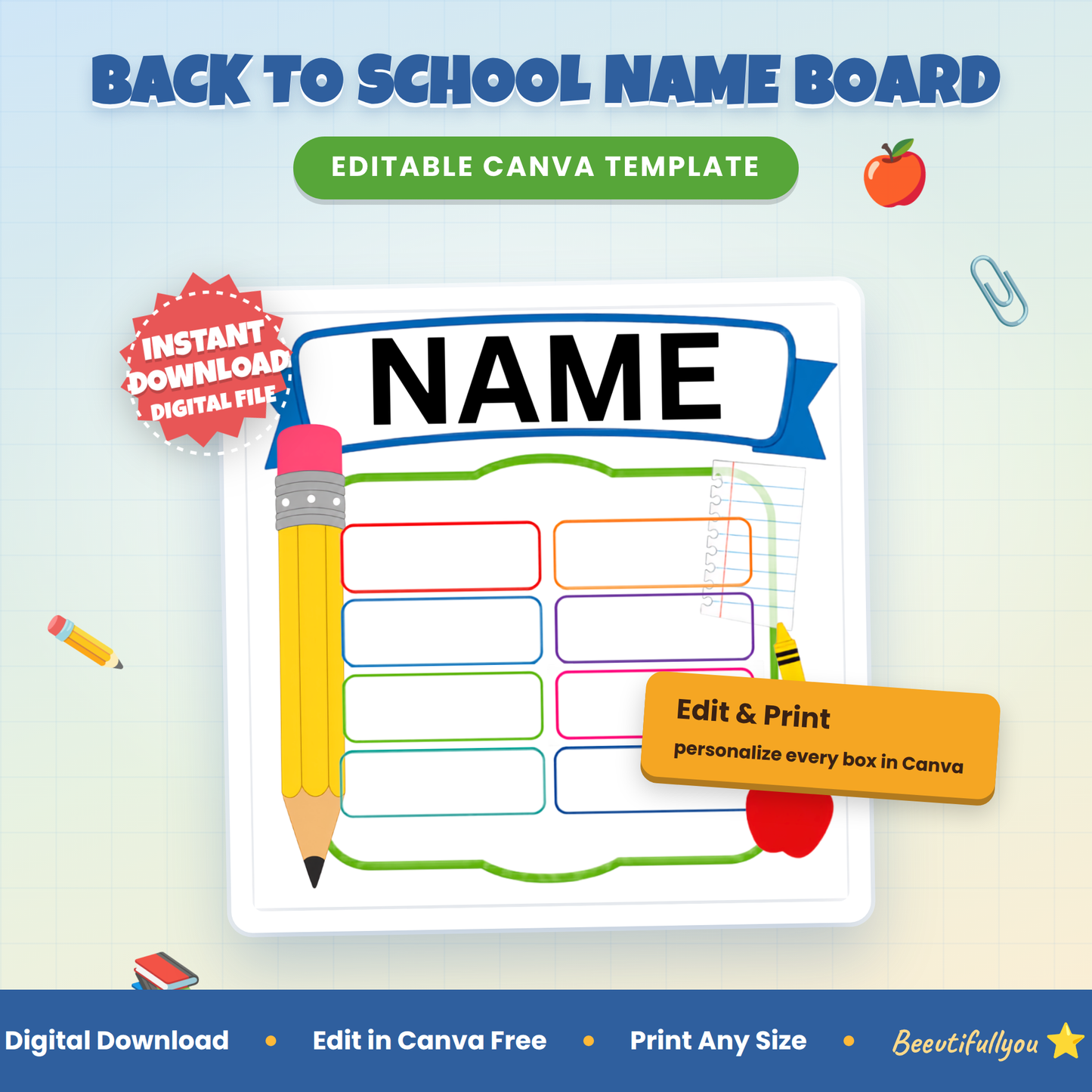 Back to School Name Board Canva Template, Editable Student Name Sign, Classroom Printable, Personalized School Board Digital Download