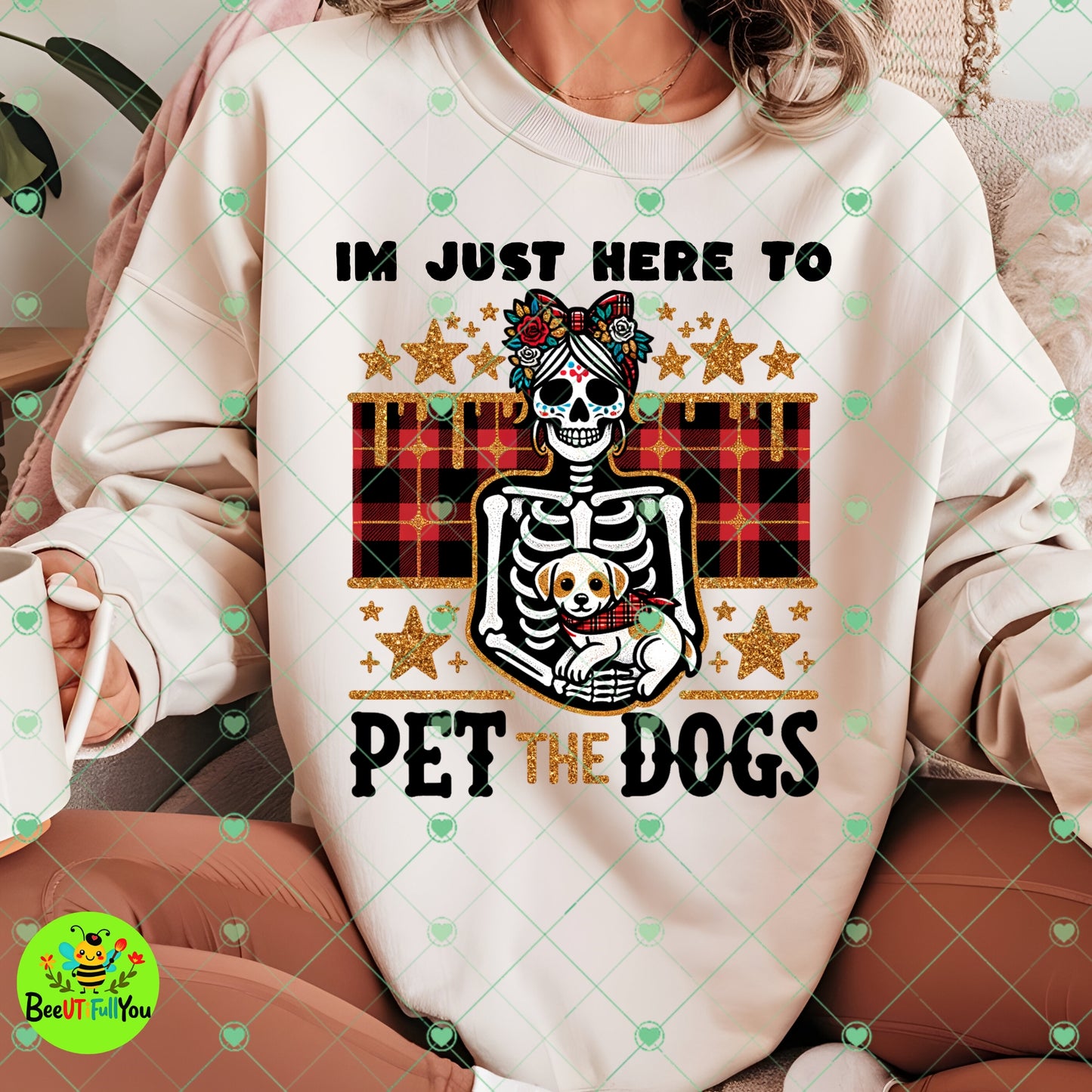 I'm Just Here to Pet the Dogs Skeleton Halloween Dog Lover Sublimation PNG β Funny Plaid Design for DIY Crafts & Apparel
