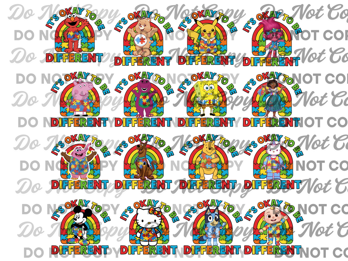 It’s Okay to Be Different – 16 PNG Design Bundle Featuring Popular Characters | Autism Awareness Puzzle Rainbow | Commercial Use