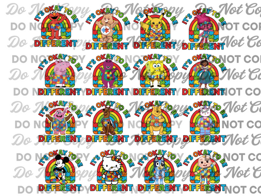 Itβs Okay to Be Different β 16 PNG Design Bundle Featuring Popular Characters | Autism Awareness Puzzle Rainbow | Commercial Use