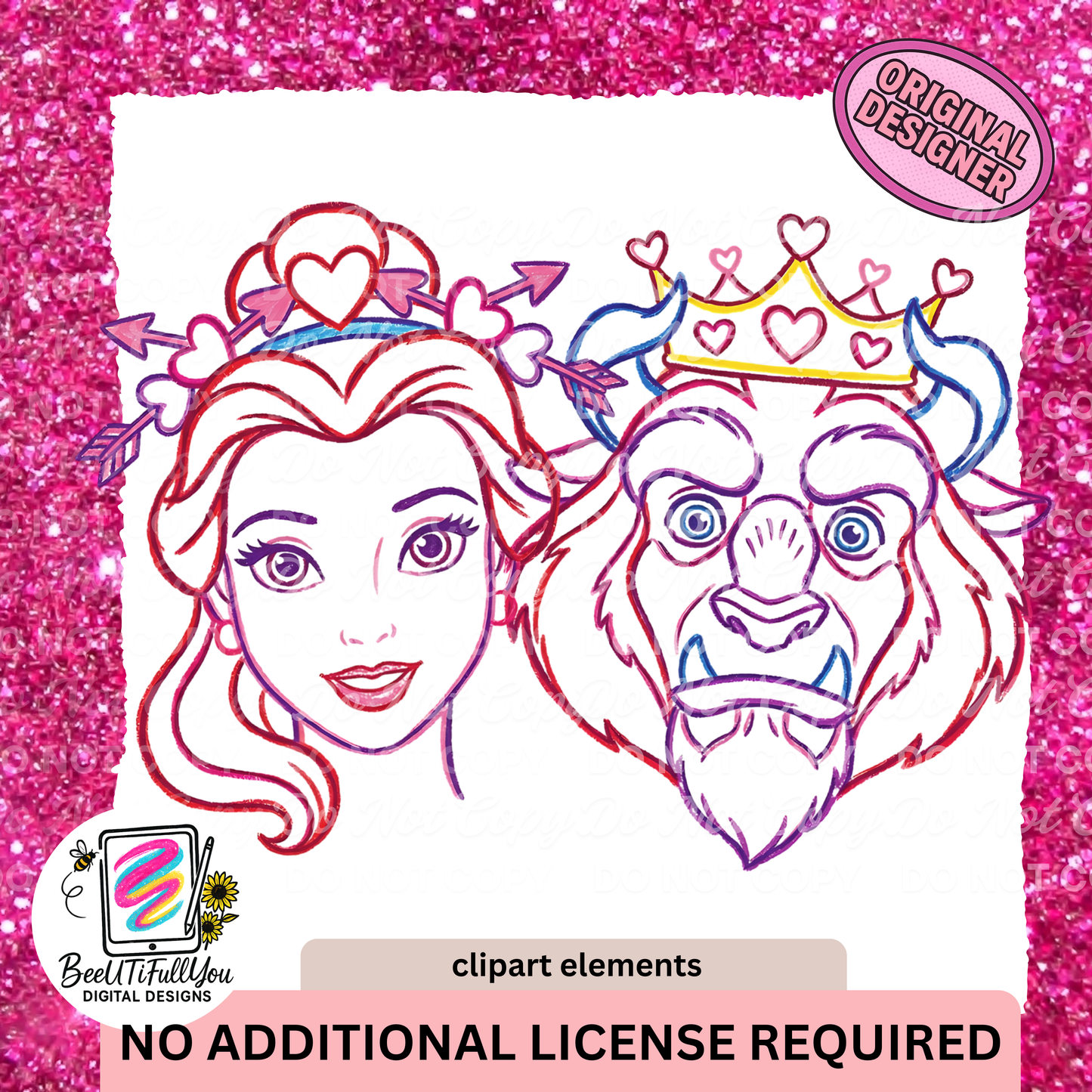 Valentine Fairytale Couple Clipart Elements | Hand-Drawn Princess & Beast Inspired Sketch Art | PNG Digital Download