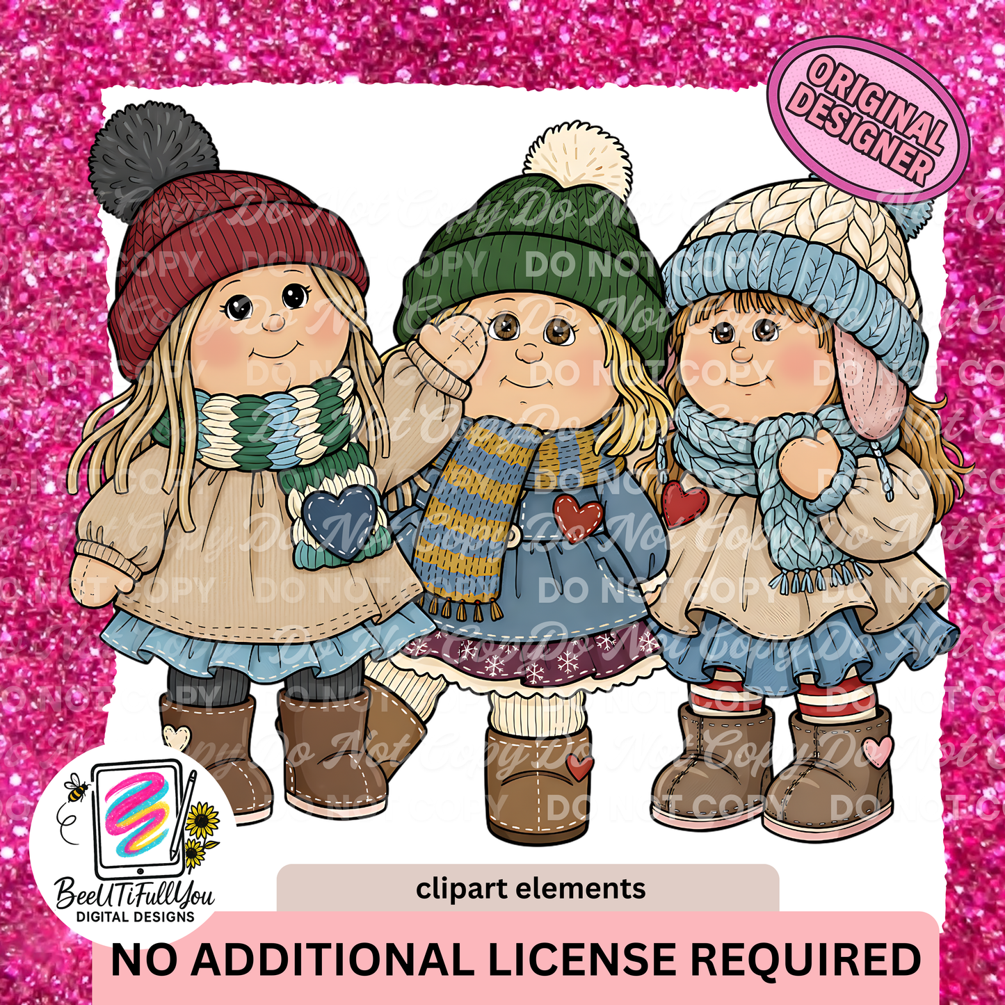 Winter Doll-Style Girl Clipart Elements | Cozy Characters PNG | Commercial Use Included