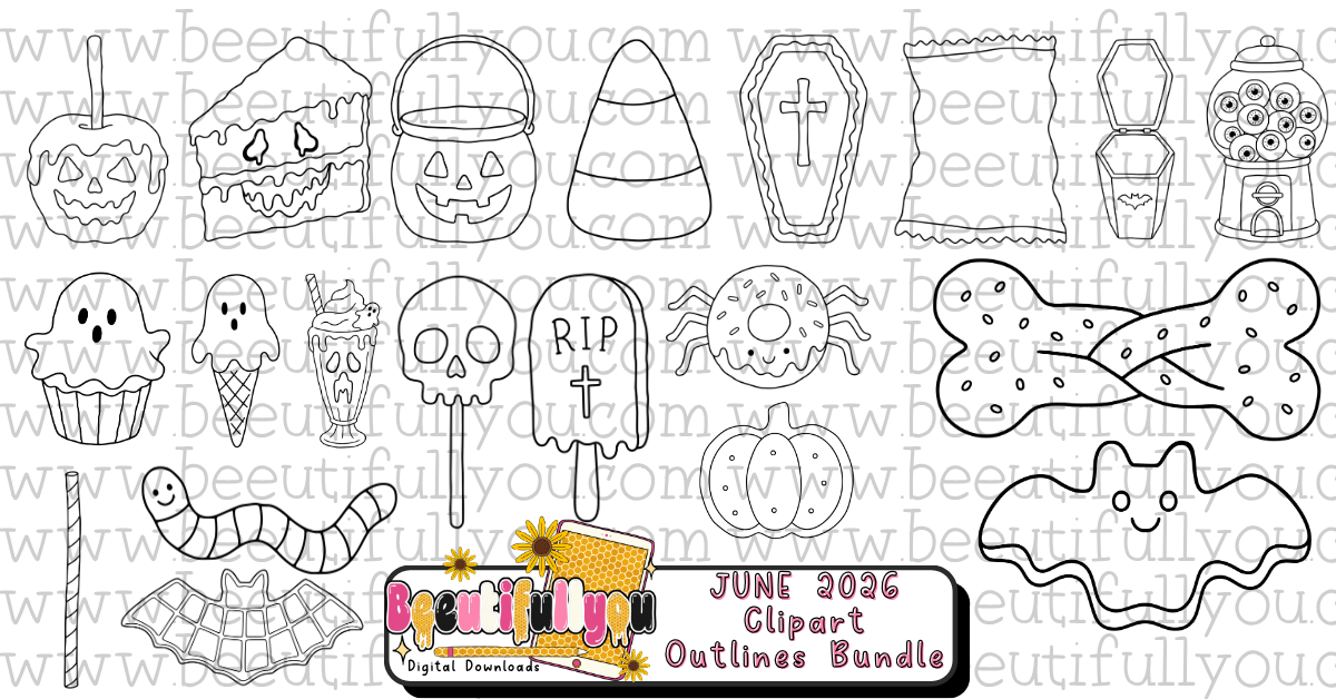 Cemetery Sweet Shop Outline Clipart Bundle | 20 Halloween Outline PNGs | Spooky Cute Doodle Elements | Ghost Treats & Candy Clipart