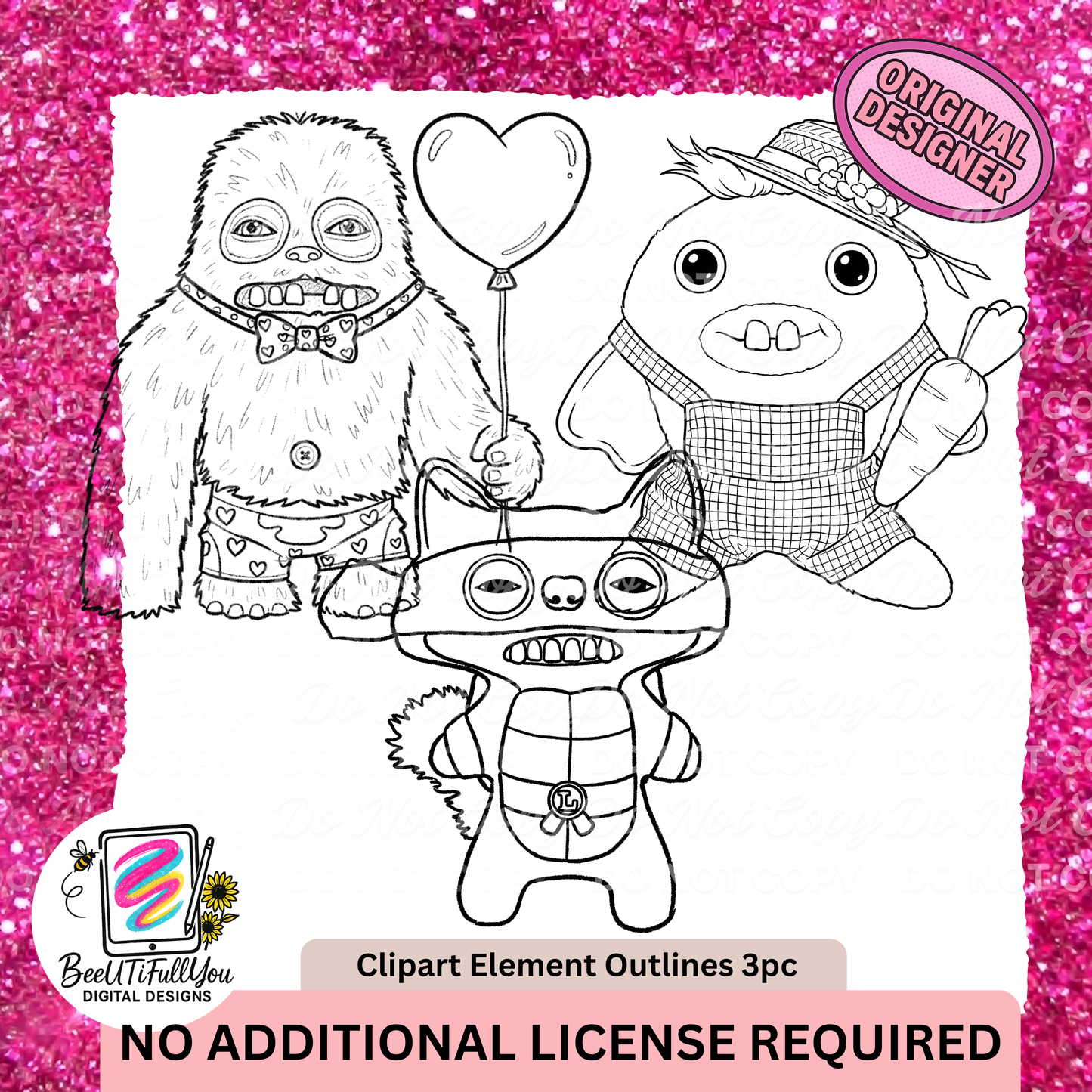Valentine Creature Outline Clipart | 3-Piece PNG Line Art Set | Commercial Use | No License Required