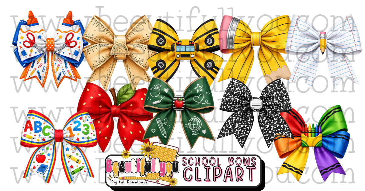 School Bow Clipart Bundle, 10 Back to School PNGs, Teacher Classroom Bows, Pencil Bus Ruler and Crayon Digital Download