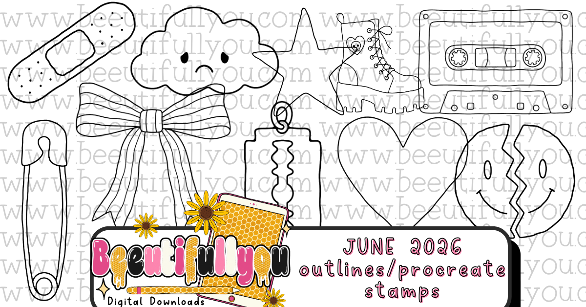 Cute but unwell Outline Stamp Bundle | 10 Procreate Stamps | Alt Girl Doodle Clipart | Y2K Outline Elements |