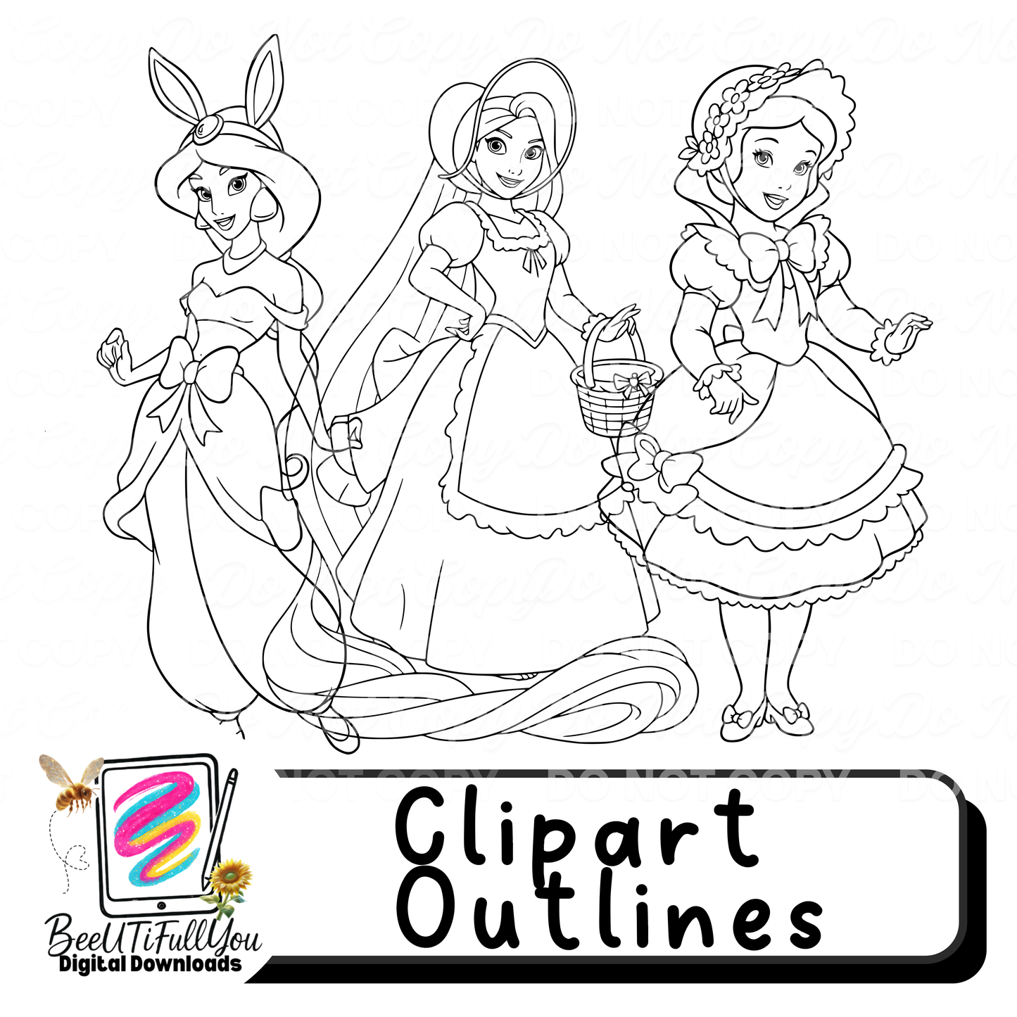 Easter Princess Clipart Bundle | Colored + Outline Character Clipart | Fairytale Spring PNGs | Digital Download