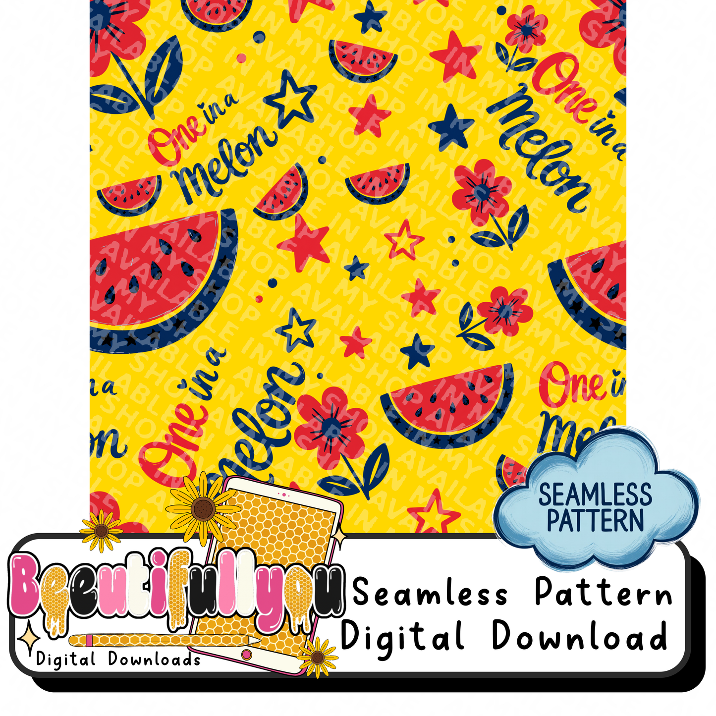 One in a Melon PNG + Seamless Pattern | Patriotic Watermelon Summer Design Set | AOP Sublimation and DTF design Bundle
