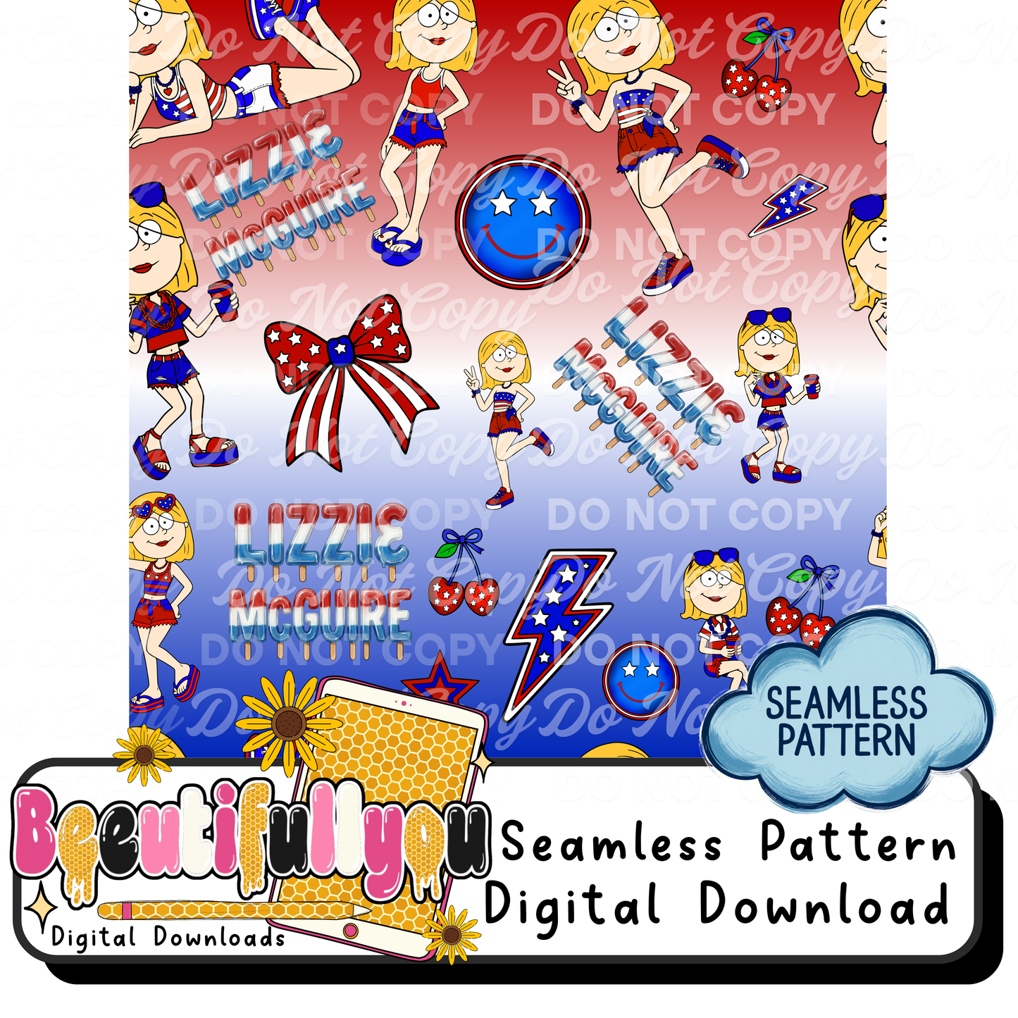 Patriotic Seamless Pattern PNG Download | 4th of July All Over Print Design | USA Red White Blue Pattern | Fabric Print