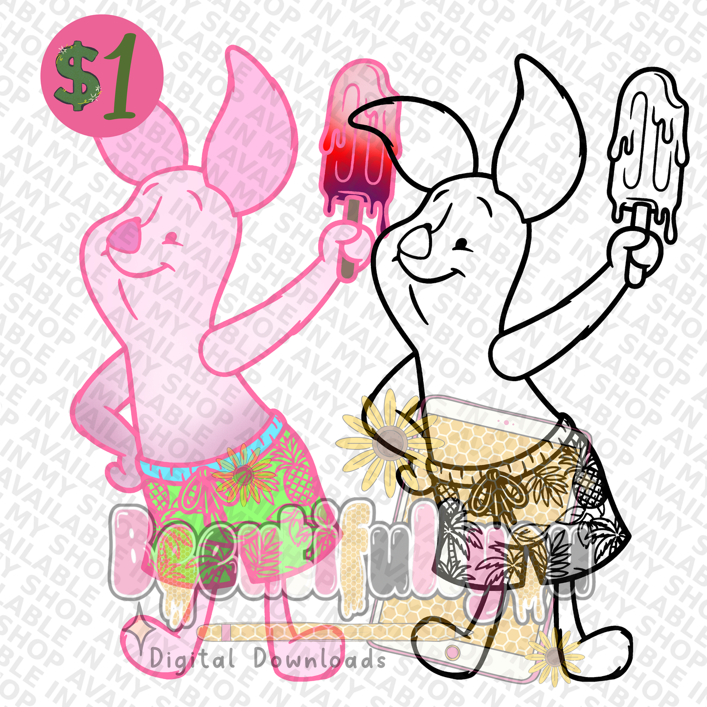 Summer Pig Clipart Bundle PNG | Beach Pig Character Clipart | Colored & Outline Clipart Set