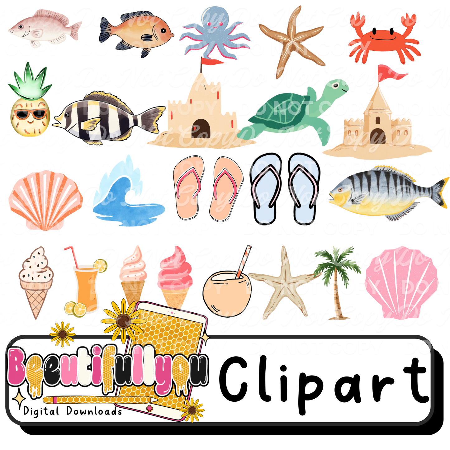 Beach Clipart Bundle PNG | Summer Elements Pack | Tropical Graphics for Designers | Commercial Use Clipart