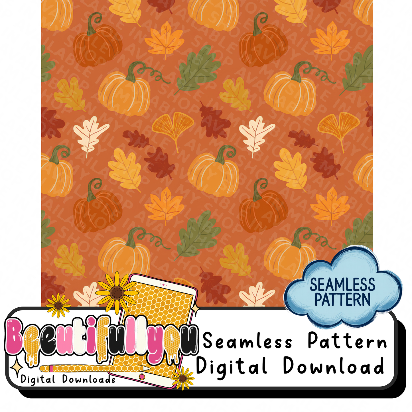 Fall Pumpkin Seamless Pattern + 6pc Autumn Clipart Bundle