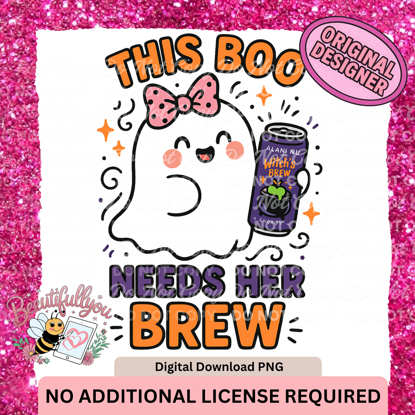 This Boo Needs Her Brew | Cute Ghost with Energy Drink PNG Design | No Additional License Required