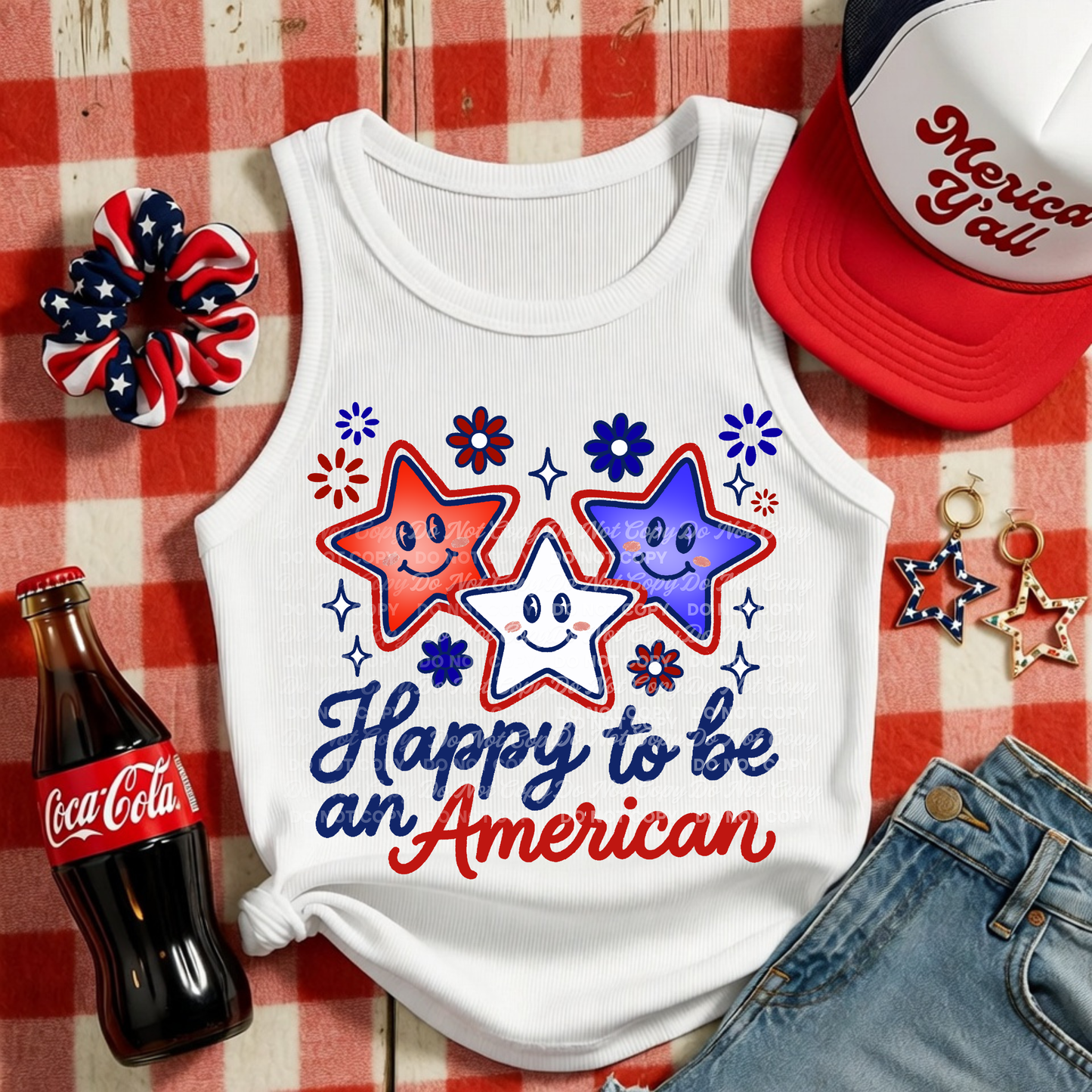 Happy to Be an American PNG | Patriotic Stars Shirt Design | 4th of July Cute Graphic | Red White Blue Sublimation Design