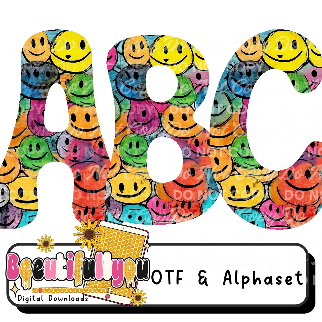 Smiley Retro Font OTF + PNG Alphabet | Groovy Bubble Letters A-Z | Y2K Happy Face Font | Colorful Font Download