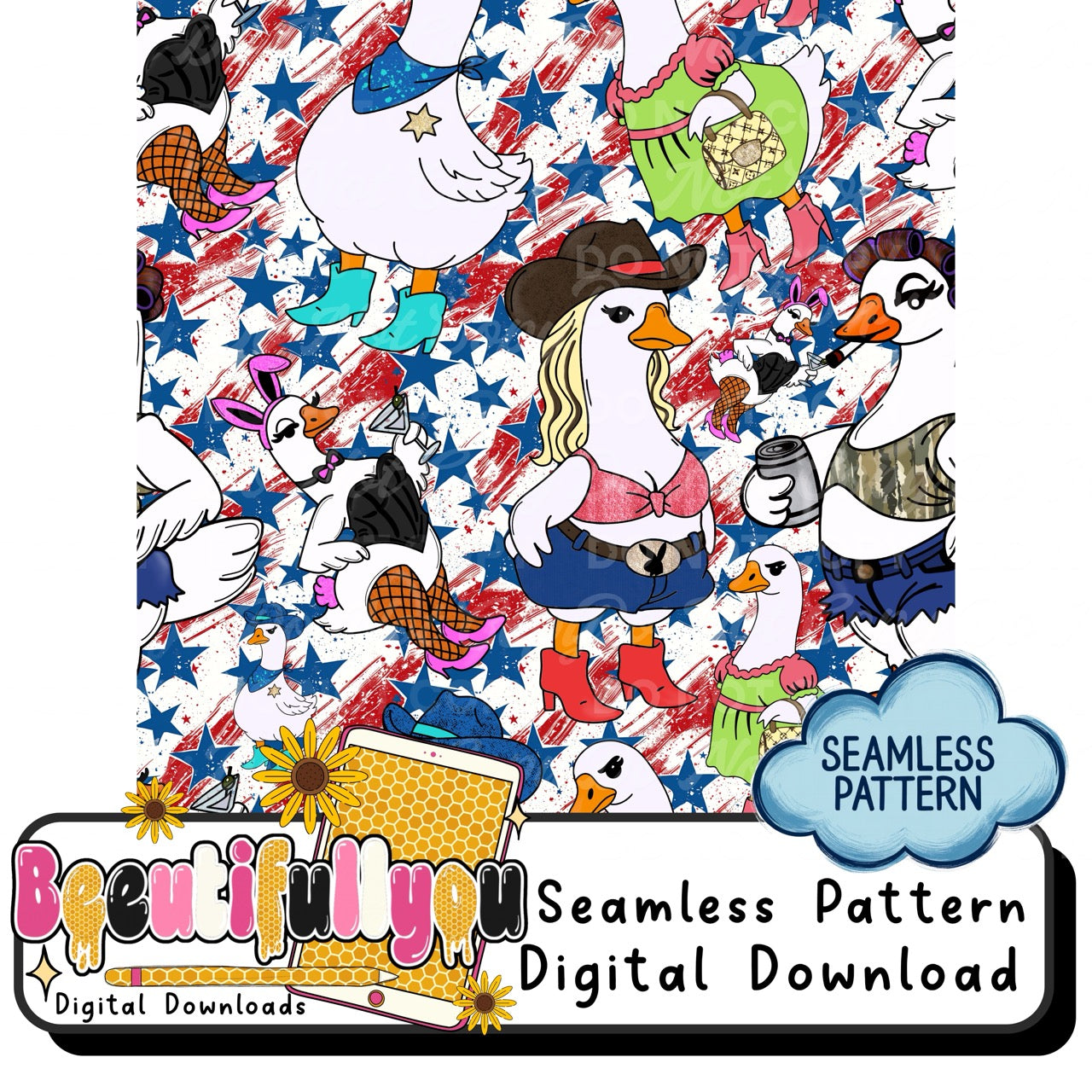Patriotic Cowgirl Goose Seamless Pattern PNG | Western 4th of July Print | Red White Blue All Over Print Design | Sublimation Pattern