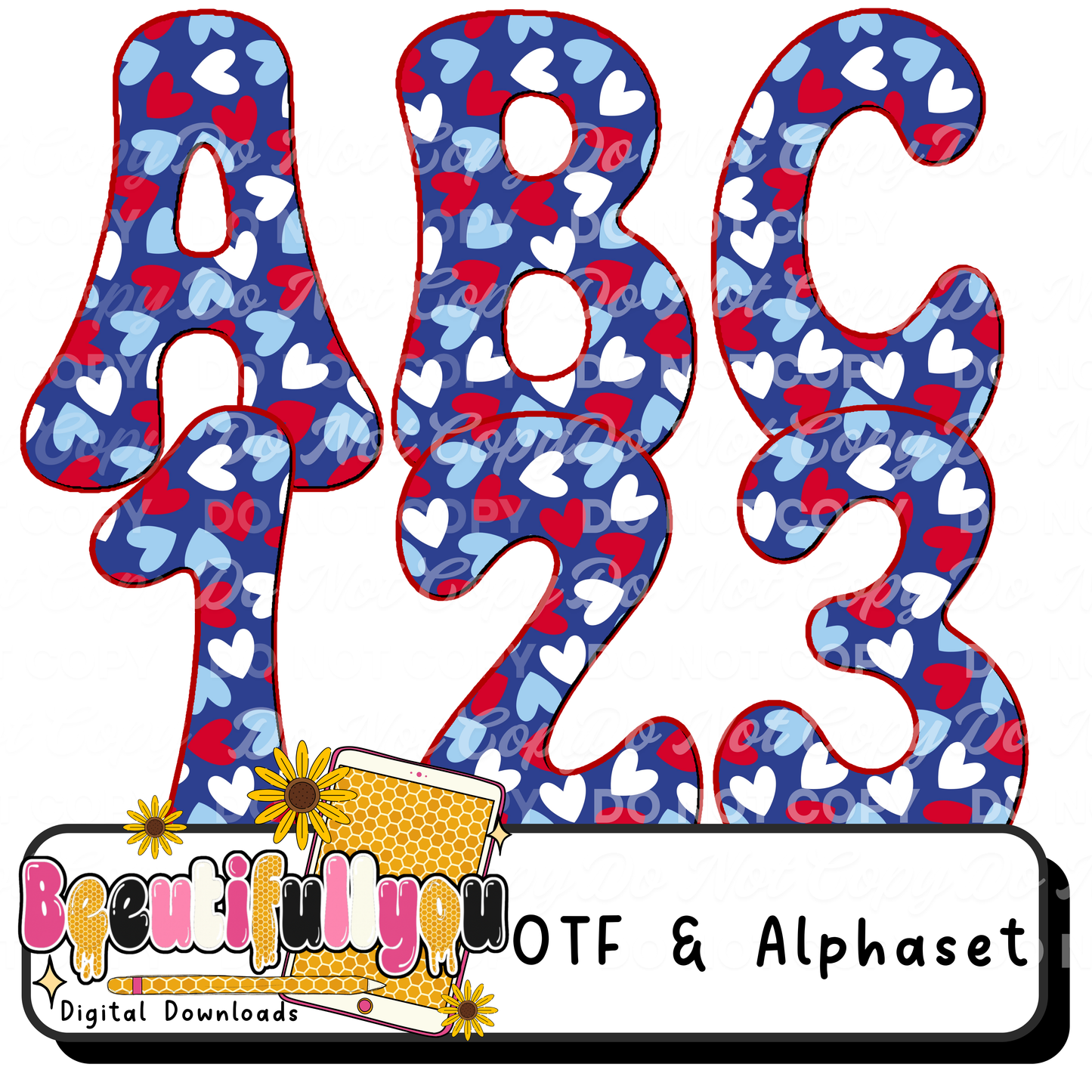 Patriotic Heart Font OTF + PNG Alphabet | Red White Blue Bubble Letters | 4th of July Heart Font | USA Font