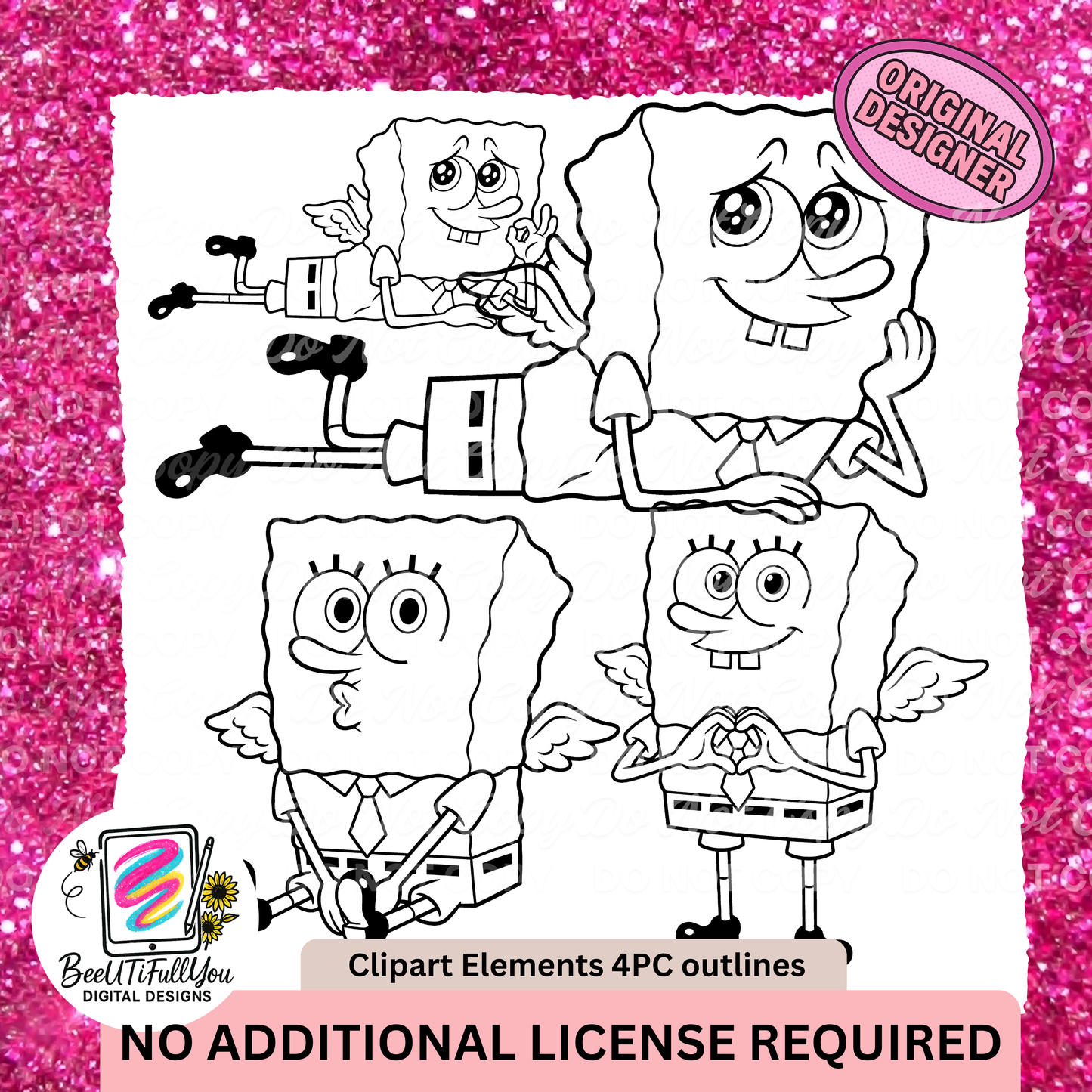 Valentine Sponge Angel Clipart Set | 4 PNG Elements | Colored + Outline Versions | Commercial Use Included