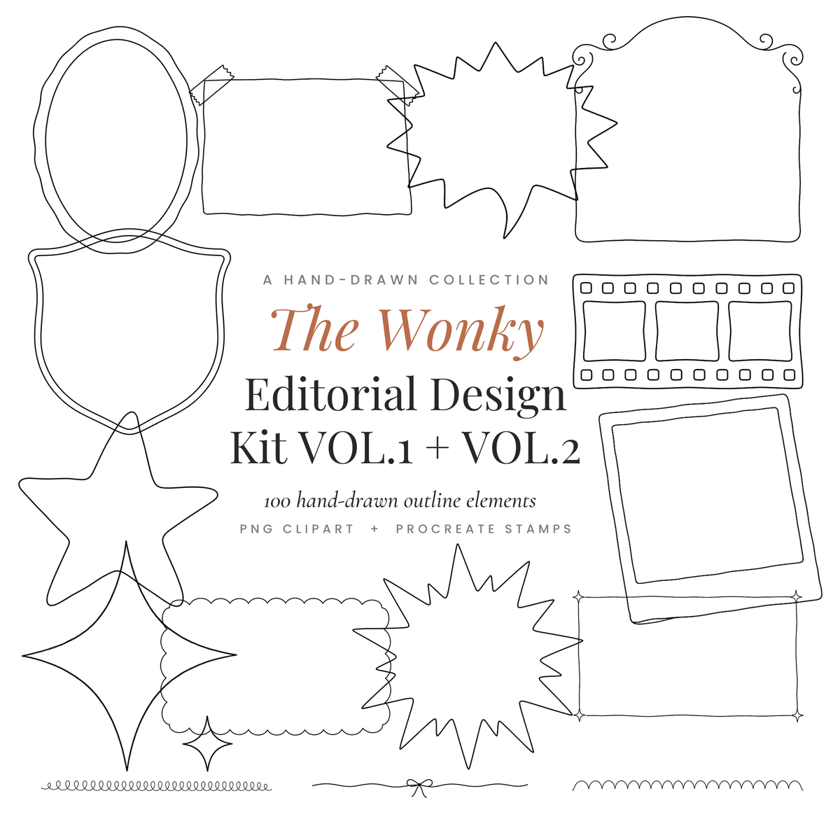 The Wonky Editorial Design Kit Vol. 1 + 2 | 100 PNG Elements & Procreate Stamps