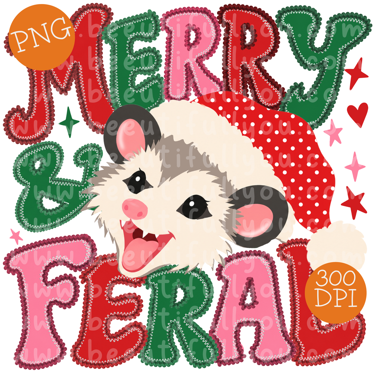 Merry & Feral Christmas PNG | Funny Possum Faux Embroidery Design