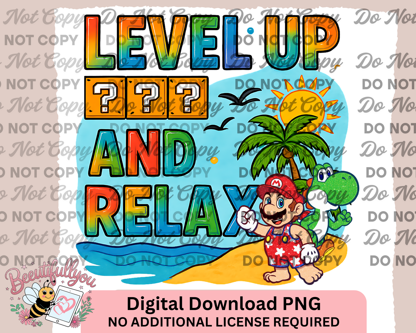 Level Up and Relax PNG – Gamer Summer Beach Digital Design | Mario-Inspired Vacation Art | Commercial Use