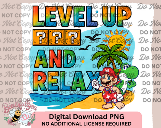 Level Up and Relax PNG β Gamer Summer Beach Digital Design | Mario-Inspired Vacation Art | Commercial Use