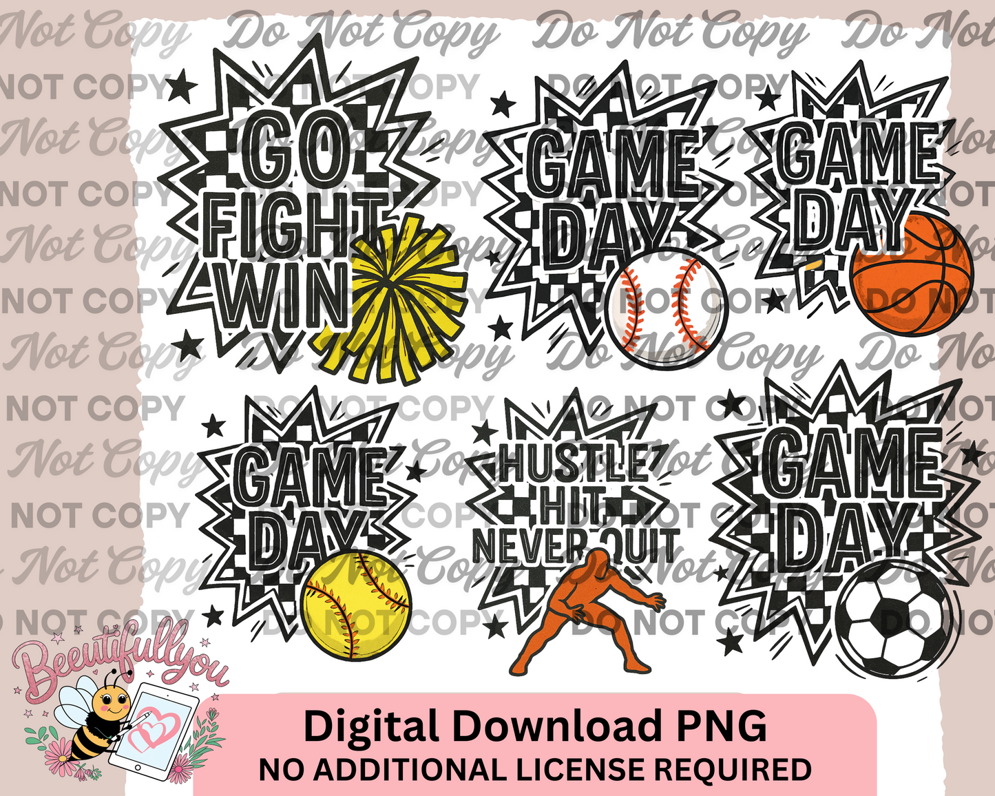Game Day Sports PNG Bundle – 6 Design Set | Baseball, Basketball, Soccer, Softball, Cheer & Football Quotes | Commercial Use