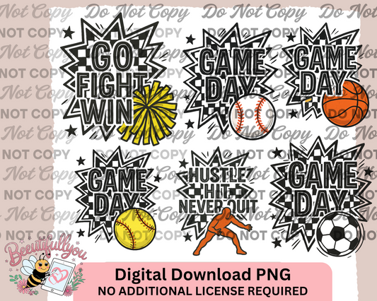 Game Day Sports PNG Bundle β 6 Design Set | Baseball, Basketball, Soccer, Softball, Cheer & Football Quotes | Commercial Use