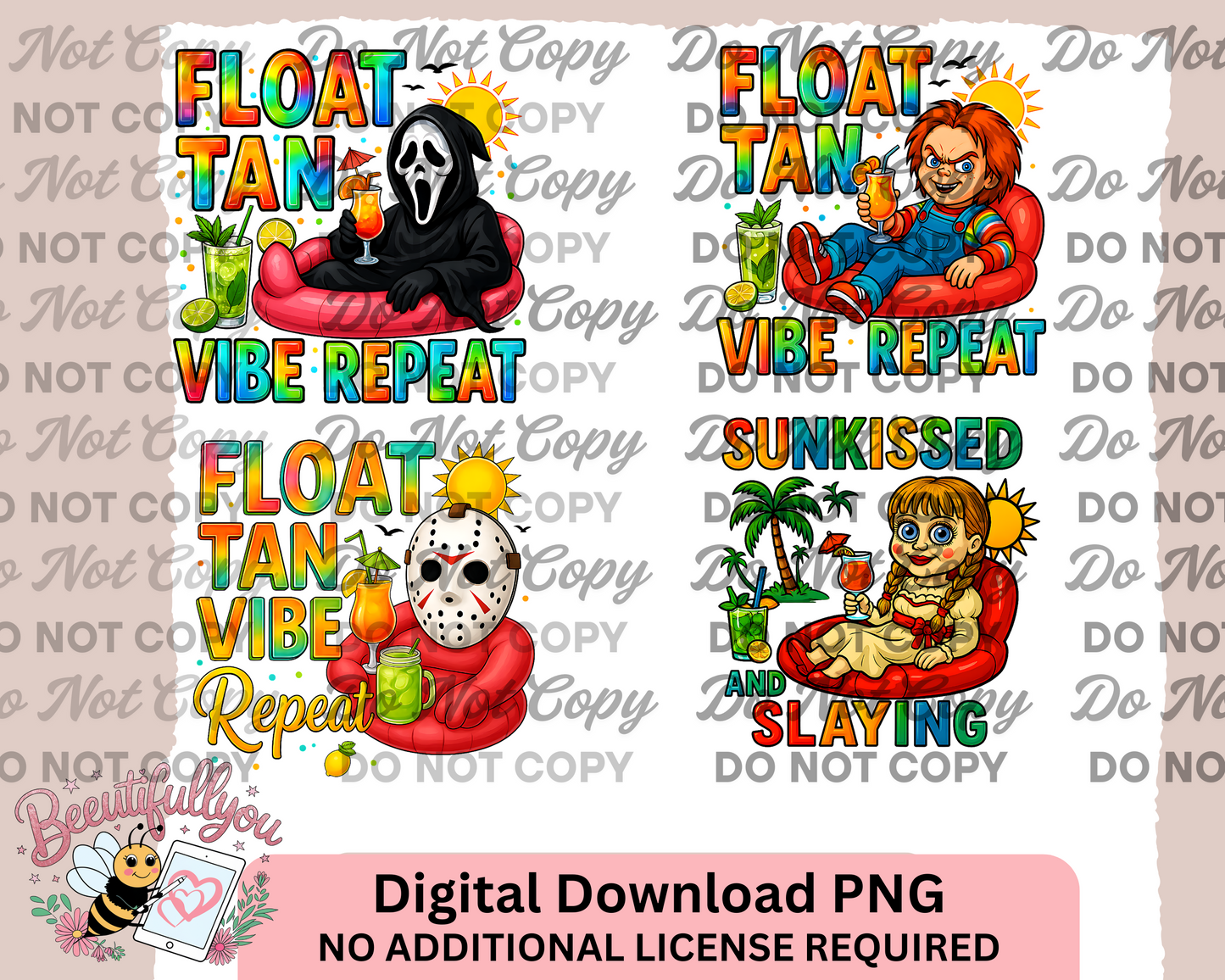 Summer Horror Float PNG Bundle – 4 Funny Beach Designs | Float Tan Vibe Repeat | Sunkissed and Slaying | Commercial Use