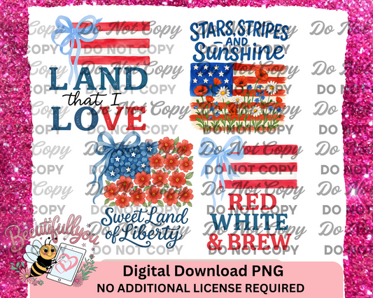 Patriotic Floral PNG Bundle | Red White Blue Summer Sublimation | 4th of July Digital Designs
