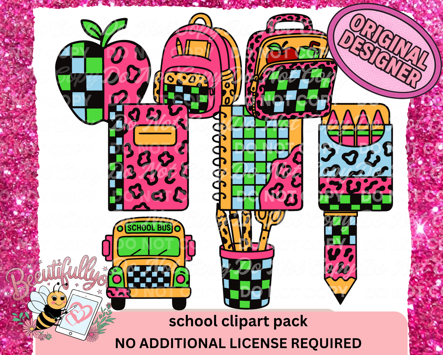 Colorful School Clipart Set – Checkered & Leopard Back to School Bundle clipart