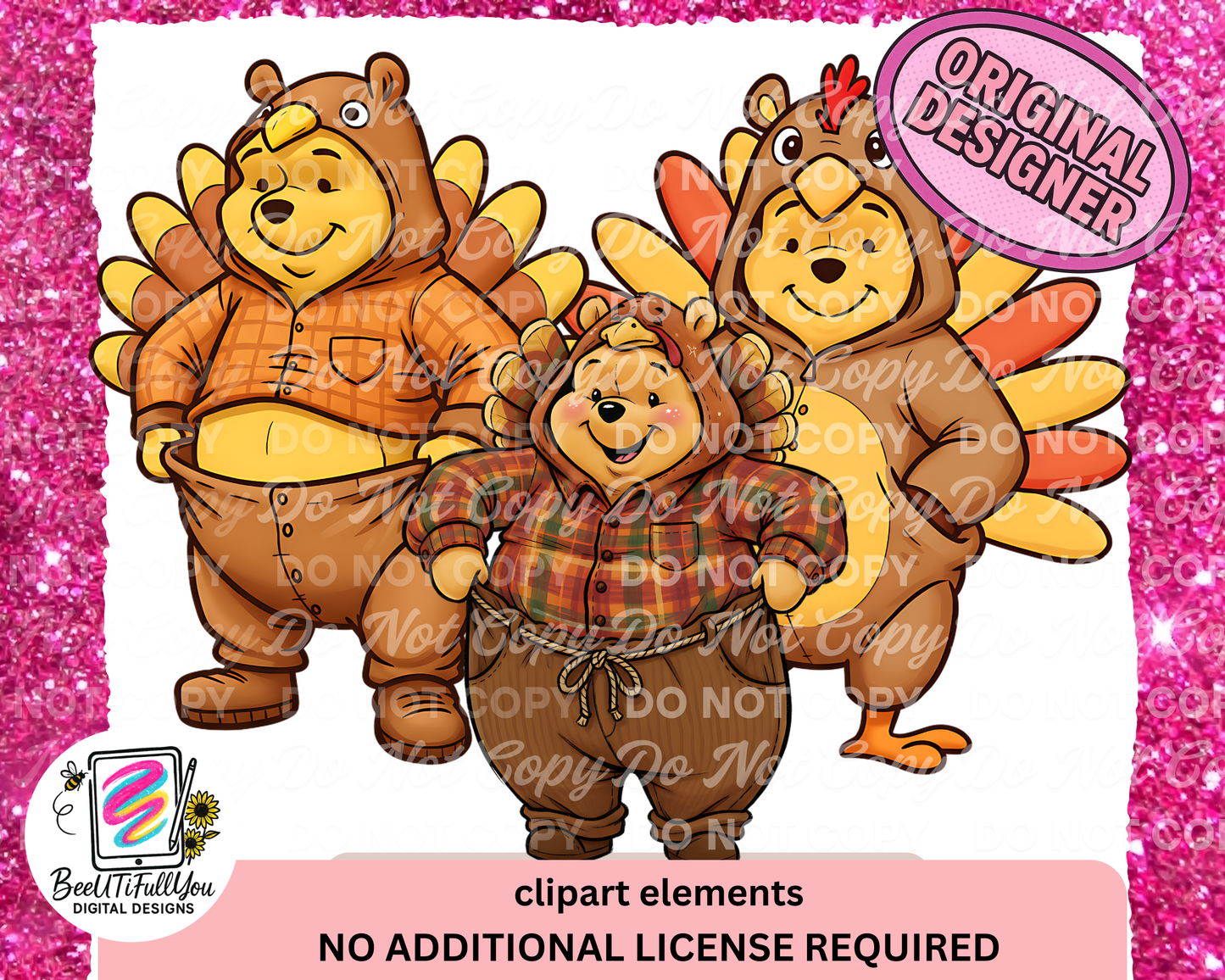 Thanksgiving Bear Turkey Clipart | Fall Digital Elements PNG Set