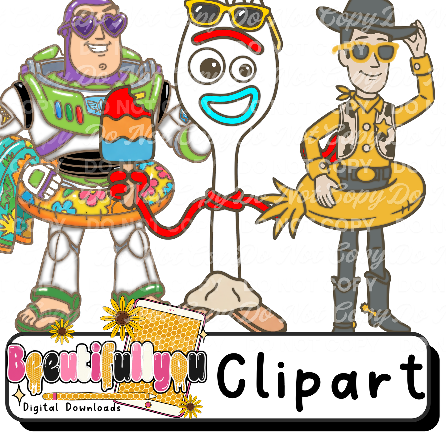 Toy Summer Clipart Bundle | Character Inspired Summer PNGs | Colored Clipart & Outline Bundle