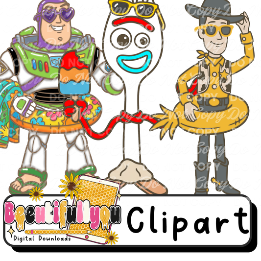 Toy Summer Clipart Bundle | Character Inspired Summer PNGs | Colored Clipart & Outline Bundle